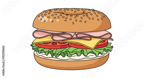 A vibrant, appealing illustration of a delicious bagel sandwich, generously filled with fresh ingredients.