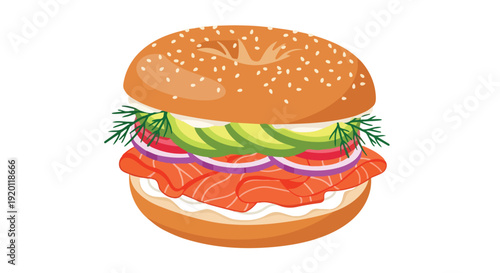Delicious bagel with smoked salmon, cream cheese, avocado, red onion, and fresh dill. A vibrant illustration of a healthy and satisfying meal choice