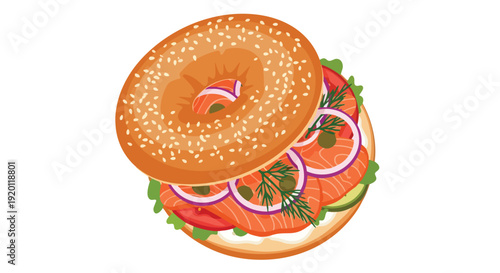A vibrant vector graphic of a delicious sesame bagel generously loaded with smoked salmon, cream cheese, crisp red onion, aromatic dill, and fresh