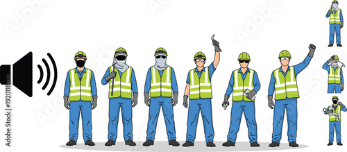 Construction worker safety gear set. Industrial engineer characters with protective helmet and reflective vest. Worksite uniform and PPE vector illustration collection isolated on white background.