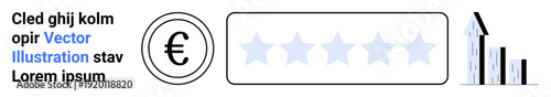 Financial analysis, customer reviews, currency evaluation, business performance, economic growth, data visualization. Euro symbol, star rating and upward bar chart. Financial analysis and customer