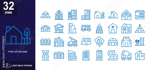 Type of houses blue icon set