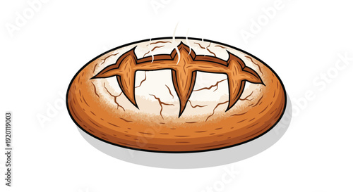 Vibrantly illustrated artisanal bread loaf with a crispy textured golden crust and elegant deep scoring lines fresh from the oven perfect for