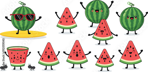 Cute watermelon mascot cartoon set. Funny summer fruit characters with happy faces. Kawaii slice and whole watermelon vector for stickers, kids prints and branding.