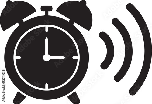 Alarm clock vector silhouette illustration line art icon with sound waves indicating alarm ringing