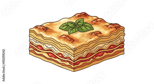 A delightful and appetizing cartoon illustration of a classic layered lasagna portion featuring savory red sauce creamy cheese and fresh green basil