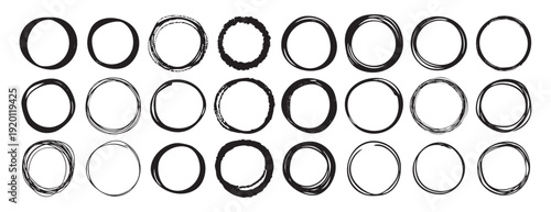 Abstract hand drawn vector circles, round shapes, scribble swirl minimalist elements for design, background logo rough ink drawing