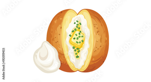 A comforting baked potato illustration skillfully split revealing fluffy interior generous melted butter creamy sour cream vibrant chives an extra