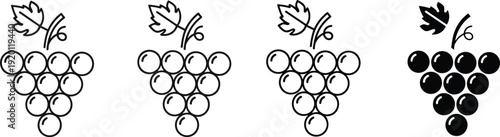 Grape cluster outline icon set. Black and white fruit line art variations. Minimal flat vector illustration collection.