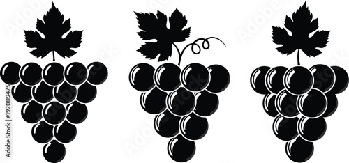 Grape silhouette vector set. Black vineyard fruit bunch icons with leaves. Minimal flat wine illustration collection.