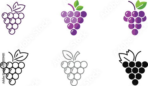 Grape icon set vector collection. Outline, flat and silhouette vineyard fruit symbols. Minimal modern illustration pack.