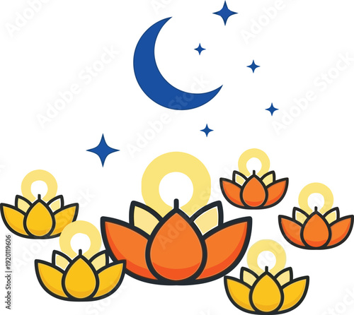 Traditional Lotus Flower Lanterns Floating on Water for Festival Celebration Vector, vesak day of full moon