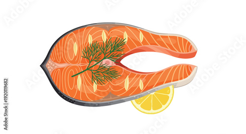 Exquisite fresh salmon steak illustration with aromatic dill and zesty lemon slice representing a healthy gourmet and delicious seafood dining