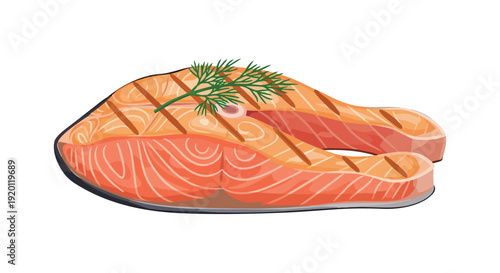 A visually engaging depiction of a perfectly grilled salmon steak, adorned with distinct char marks and a vibrant sprig of fresh dill, highlighting