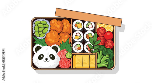 Charming cartoon bento box art featuring a cute panda rice ball delectable sushi crispy chicken fresh edamame and colorful vegetables for a