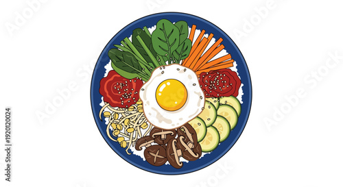 Vibrant Korean Bibimbap Bowl Illustration with Fresh Vegetables and Fried Egg