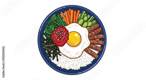 Vibrant illustration of a traditional Korean mixed rice bowl, showcasing a sunny egg and fresh ingredients.