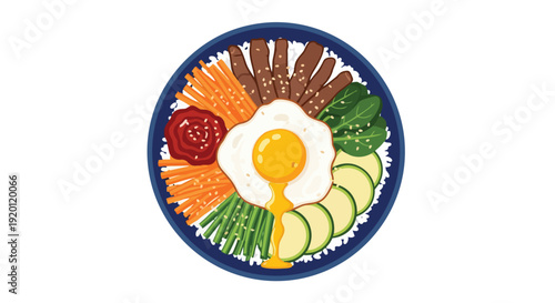 Delicious colorful Korean meal with fresh ingredients and a perfectly fried egg topped with savory gochujang sauce arranged artistically in a