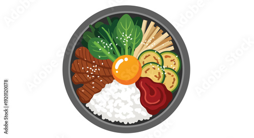 Vibrant vector art of a traditional Korean bibimbap dish, featuring rice, meat, egg, vegetables, and spicy sauce.