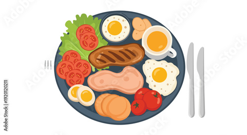 Vibrant breakfast spread art with grilled meat, various eggs, and fresh produce