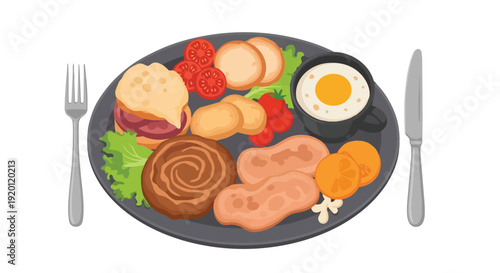 A vibrant cartoon illustration showcasing a diverse full breakfast spread on a dark plate with cutlery