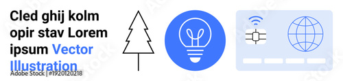 Technology, innovation, environment, creative design, education, connectivity. Black tree outline, lightbulb global icon text. Innovation and environment conceptual design