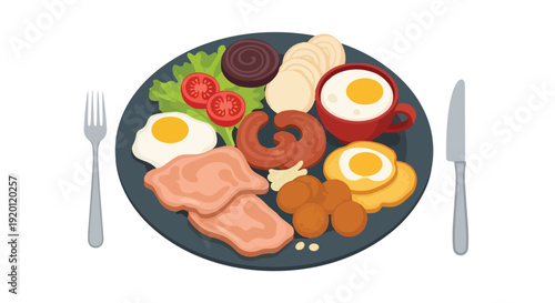 A diverse breakfast plate featuring golden eggs, savory meats, crisp greens, and various delicious side dishes