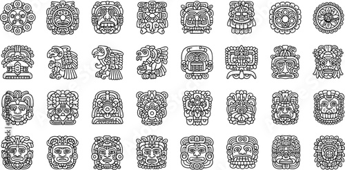 Ancient Mayan and Aztec Tribal Mask Vector Set with Detailed Mesoamerican Calendar Symbols and Ethnic Line Art Illustrations Collection