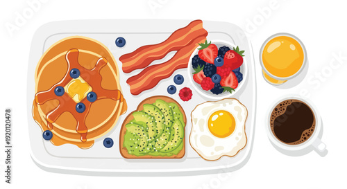 Complete breakfast flat lay illustration featuring pancakes, bacon, egg, avocado toast, and berries served with coffee and orange juice