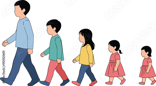 Family walking together in line, father followed by children in descending height order, vector illustration of growth and parenting