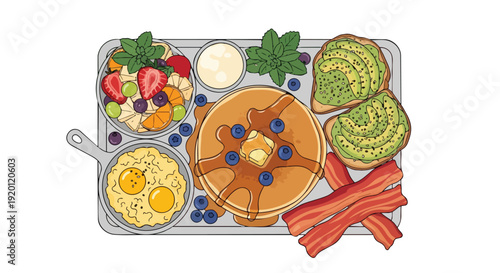 A vibrant illustrated breakfast spread featuring fluffy pancakes golden fried eggs crisp bacon fresh fruit salad and creamy avocado toast presented
