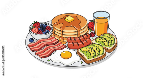 Complete breakfast illustration with pancakes, bacon, eggs, sausages, berries, avocado toast, and juice