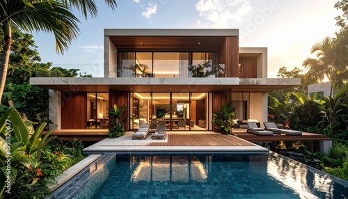 A stunning modern tropical villa with expansive glass walls overlooks a shimmering infinity pool, reflecting warm sunset hues. Lush palms, sleek wood decks, open terraces create a serene luxury escape