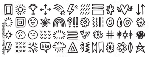 Random hand drawn doodle icons set with smiley faces, stars, flowers, arrows and symbols