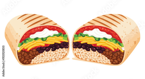 Colorful cut burrito halves illustrating a delicious mix of rice, beans, meat, cheese, lettuce, salsa and sour cream for a satisfying meal.