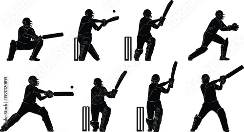 Cricket batsman silhouette set showing batting, defending, catching and fielding actions, professional cricket sport poses, athletic player illustrations isolated on white batsman silhouette set 