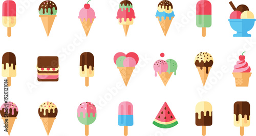 Colorful Ice Cream and Popsicle Vector Set with Waffle Cones, Sundae Cups, Frozen Desserts, and Sweet Summer Treat Illustrations Collection