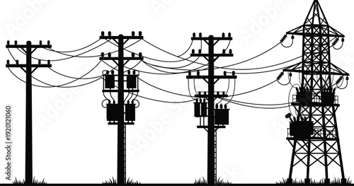 Electric power transmission line silhouette with utility poles and high voltage tower isolated on white background, energy infrastructure, electricity distribution,