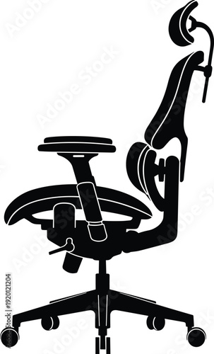 Ergonomic office chair silhouette with adjustable features and modern design, professional workplace seating furniture concept, comfort, posture support, isolated black vector illustration