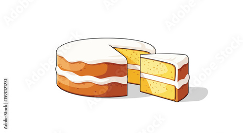 Delicious vanilla layer cake with frosting and a perfect slice removed, celebrating sweet moments.