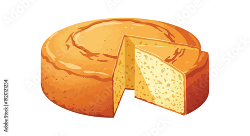 A delightful vector illustration of a golden baked cake, one perfect slice artfully separated, revealing its soft, airy crumb, an inviting image for