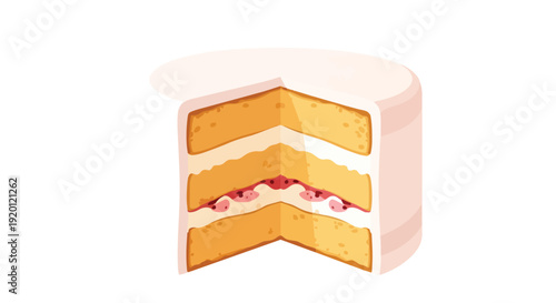 Appetizing slice of layered cake, featuring golden sponge, luscious cream, and sweet strawberry jam filling, promising delightful taste and joyful
