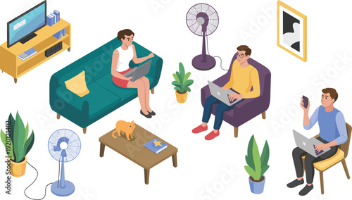 Isometric modern living room with people working on laptops and smartphones, remote work lifestyle concept illustration