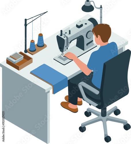 Isometric seamstress operating sewing machine at professional workstation, garment production textile workshop concept isolated on white background