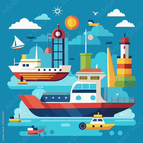 A bustling harbor scene with various boats and buildings