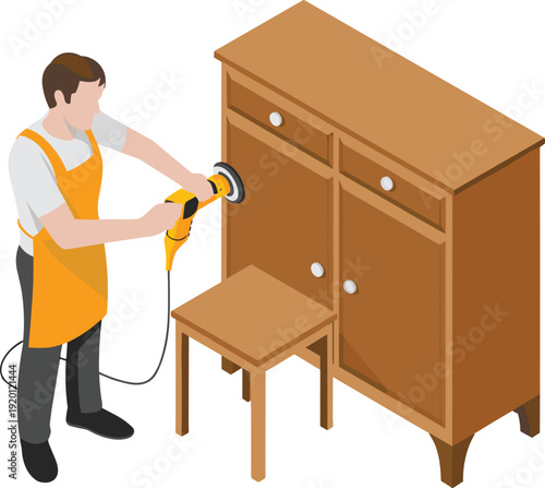 Isometric woodworker polishing wooden cabinet with electric sander, furniture restoration and carpentry workshop concept isolated white background