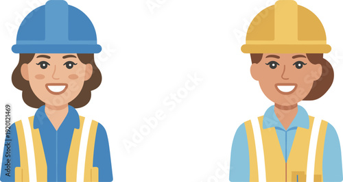 Smiling female construction workers wearing hard hats and reflective safety vests, professional engineer avatar illustration isolated on white background