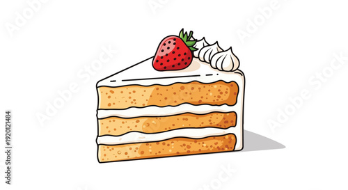 A charming illustrative depiction of a three-layered sponge cake slice, generously frosted and topped with a glistening strawberry and delicate