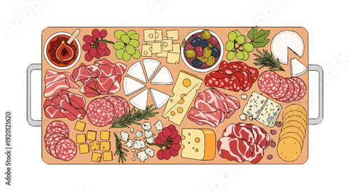 Elegant illustration of a delectable appetizer platter featuring an assortment of gourmet foods