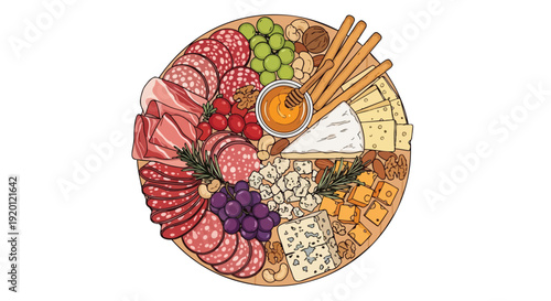 Artfully arranged gourmet charcuterie and cheese platter with fruits, nuts, and honey for elegant social gatherings